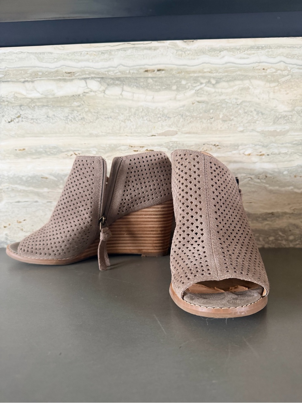 Lucky Brand Taupe Peep-Toe Perforated Wedge Booties  7-7 1/2